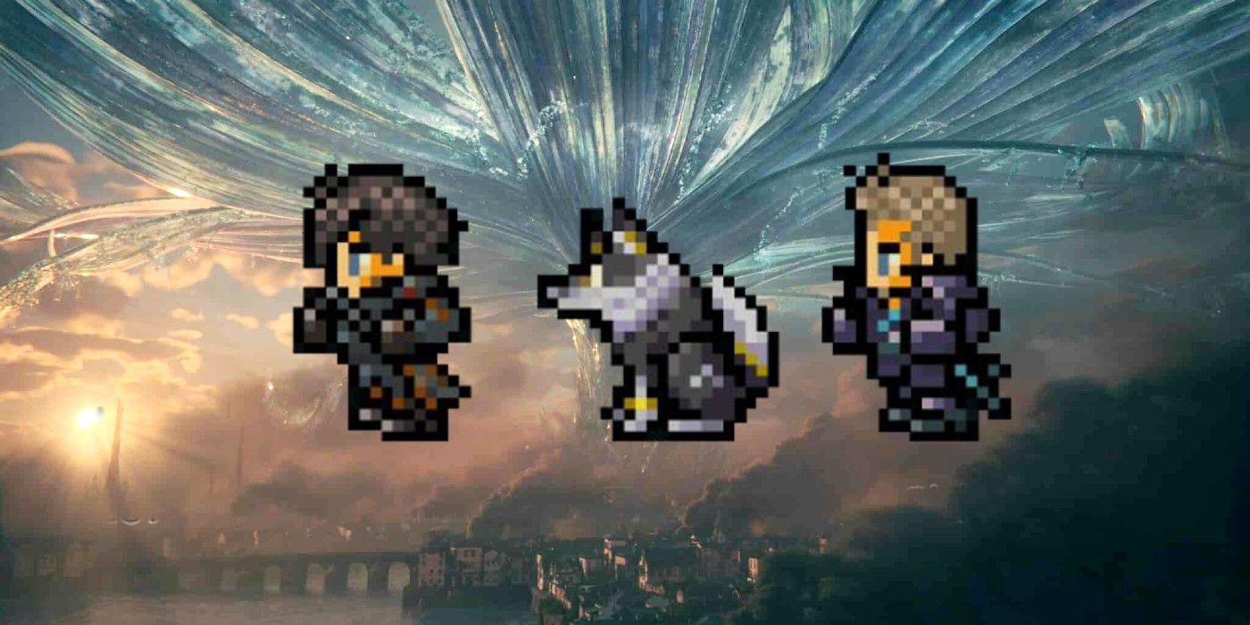 Pixel characters of Clive, Torgal, and Cid from FF16.