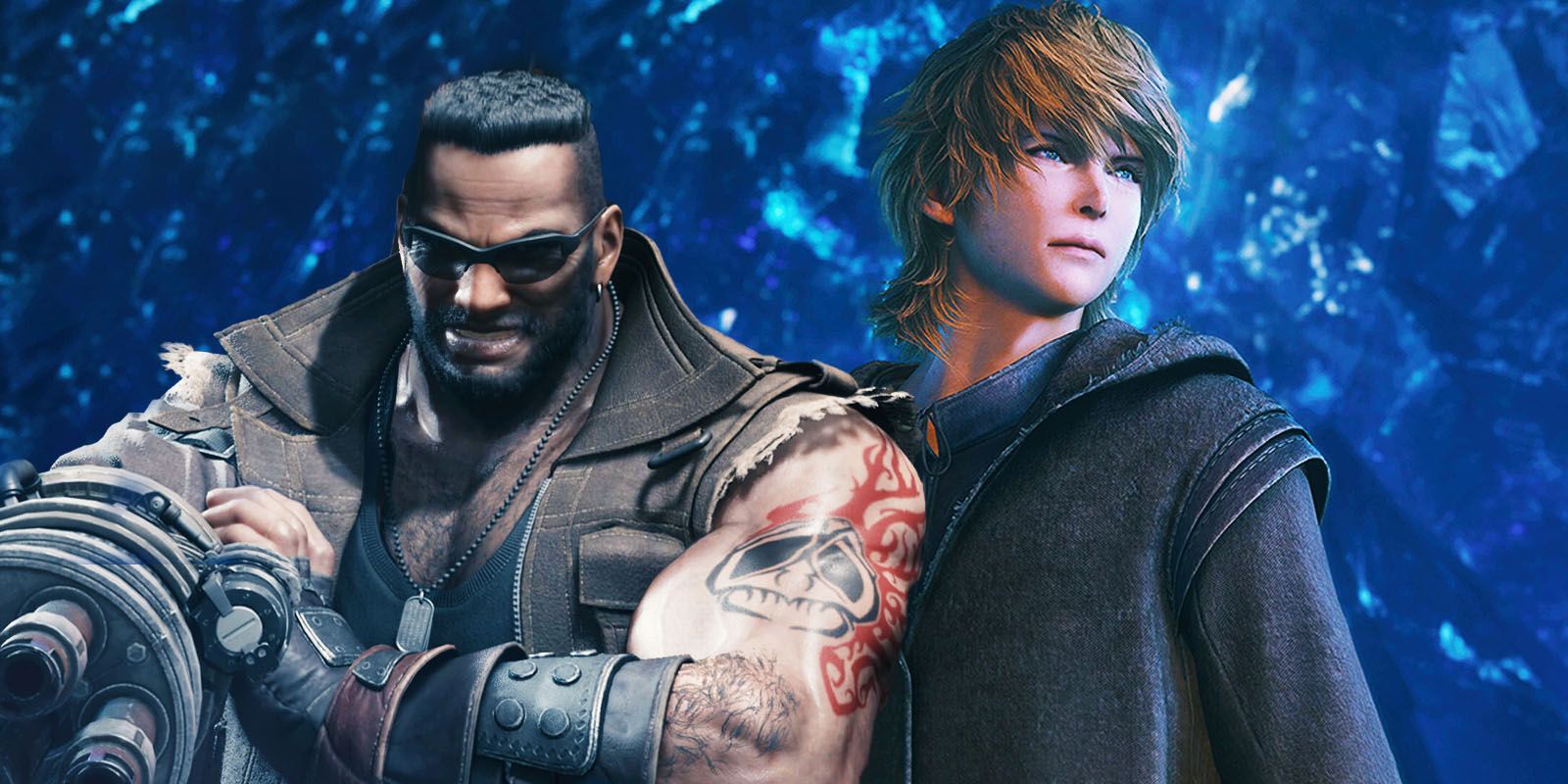 Barret from FF7 and Joshua from FF16 on a blue background. 