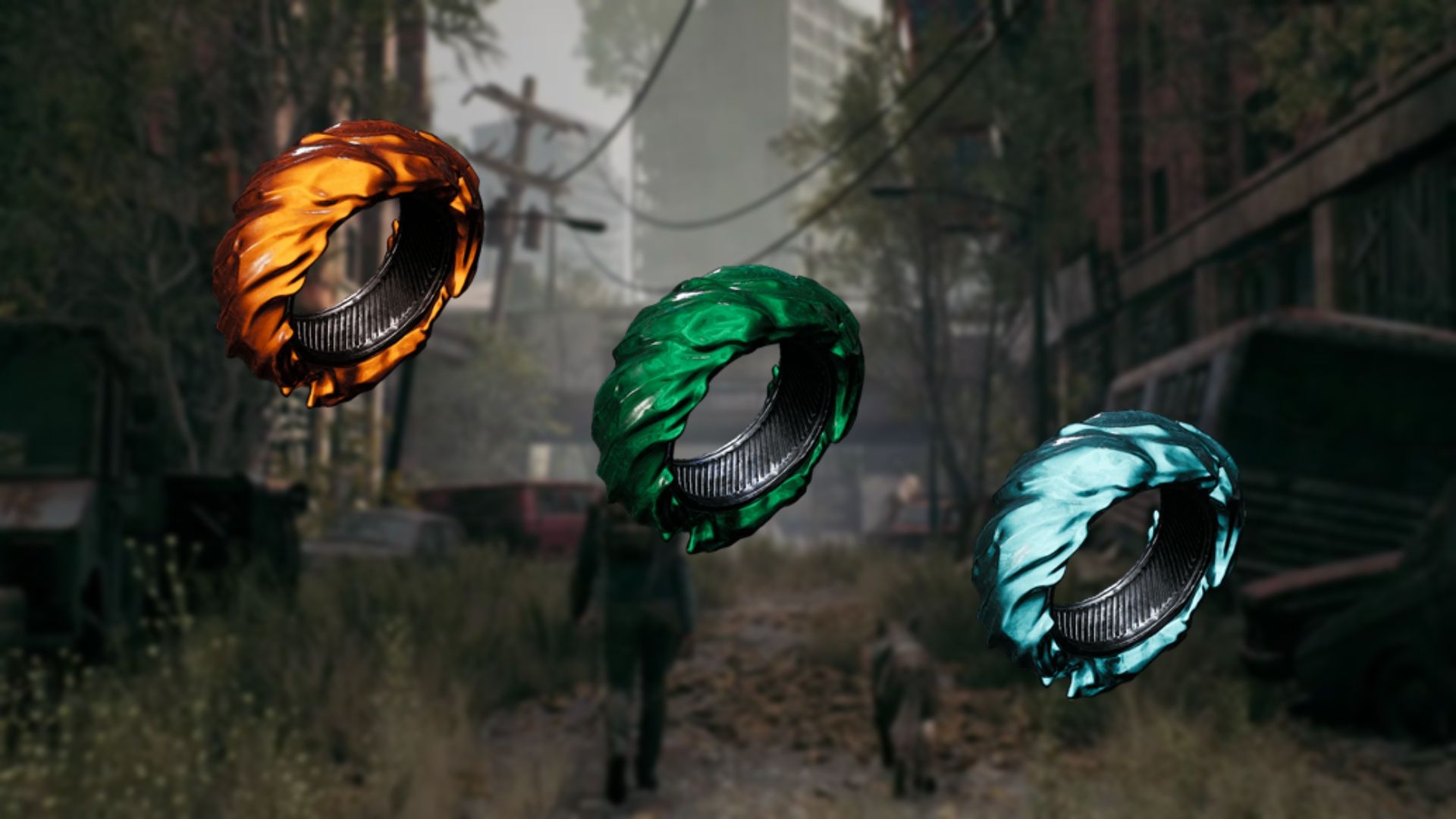 Three renders of the Fire Stone, Acid Stone, and Grounding Stone rings. Each one has a black inner band and a swirl of orange/green/light blue melted metal around it. All three are rendered against a blurred background of the Handler and their dog wandering through the ruined world.