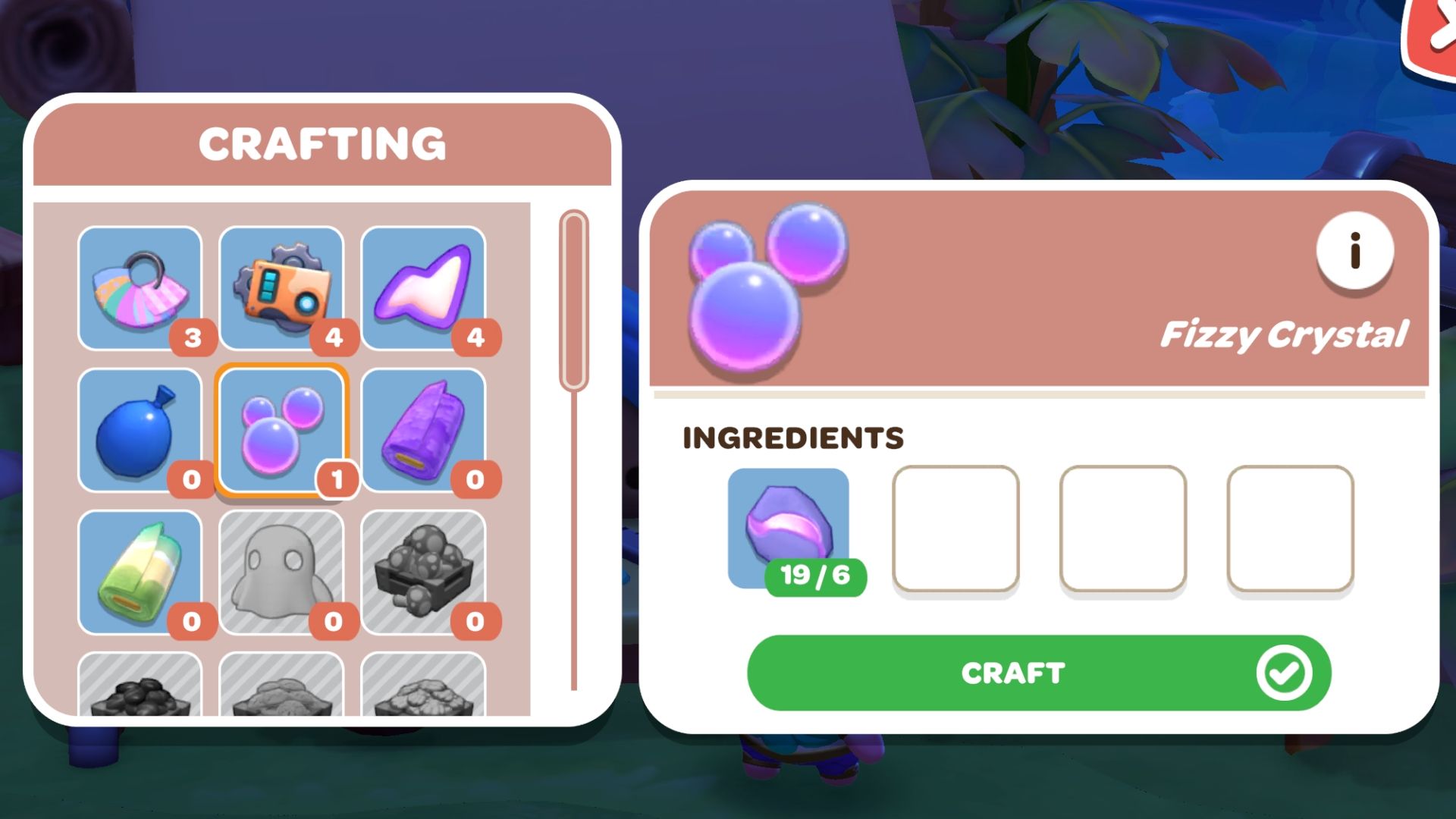 Fizzy Crystal crafting screen in Hello Kitty Island Adventure