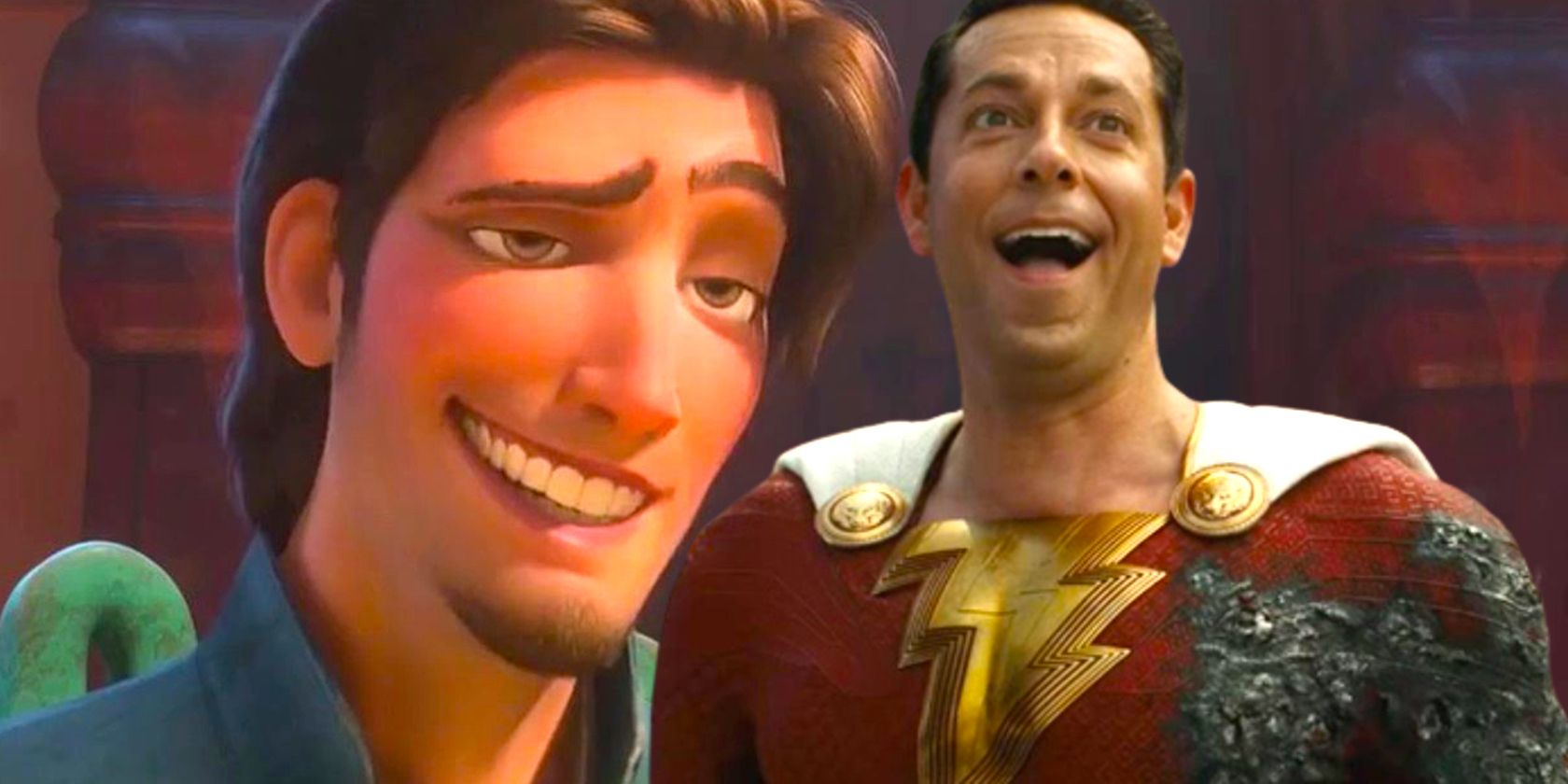 Flynn trying to smile in Tangled and Billy Batson smiling in Shazam Fury of the Gods