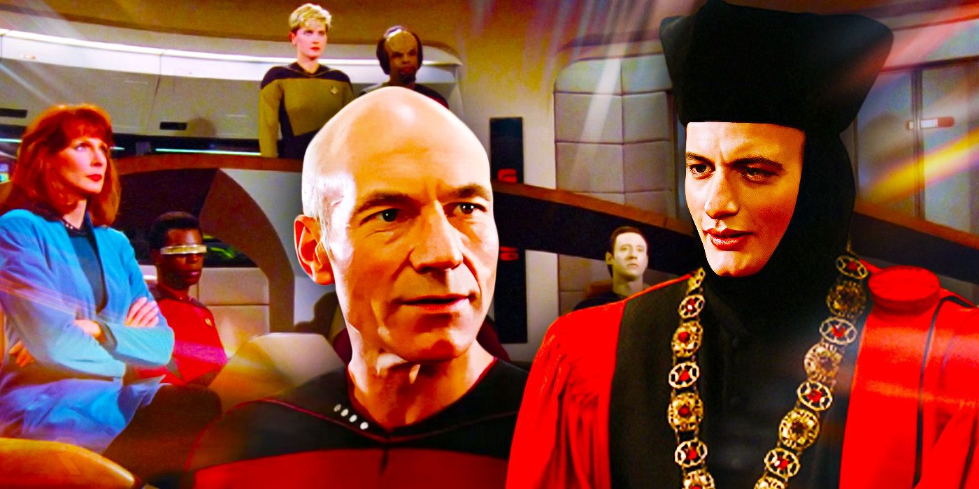 Beverly Crusher, Picard, and Q from Star Trek: TNG.