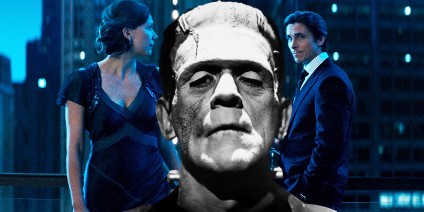 Christian Bale as Bruce Wayne and Maggie Gyllenhaal as Rachel Dawes in The Dark Knight with Frankenstein in the middle