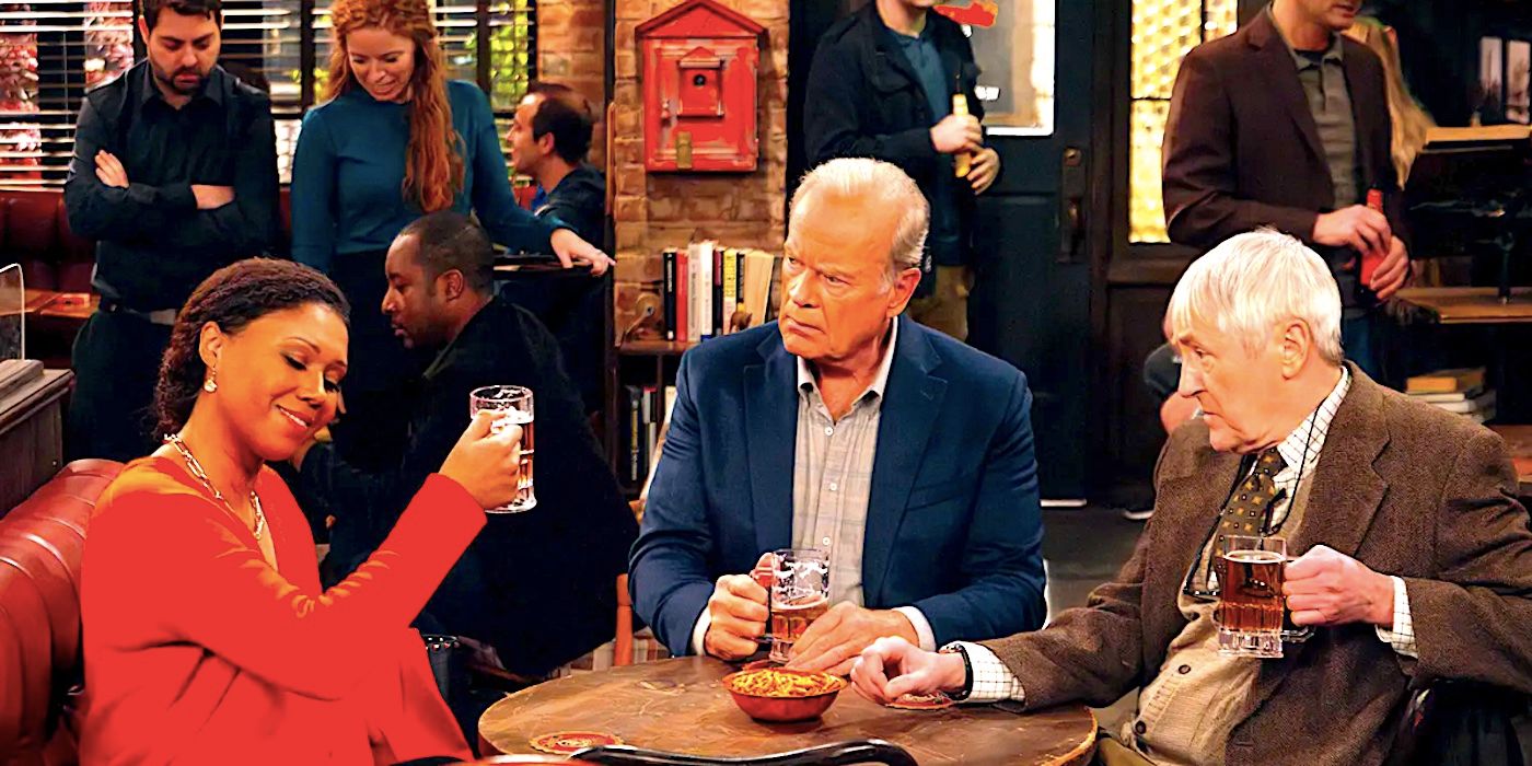 Frasier in a bar with new university professor characters Olivia and Alan in 2023 reboot