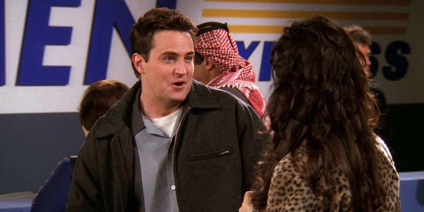 Friends Chandler making a joke with Janice at the airport