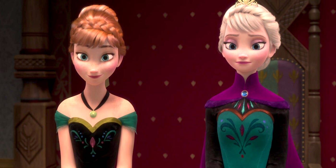 Anna (Kristen Bell) and Elsa (Idina Menzel) formally dressed and standing beside each other in Frozen.