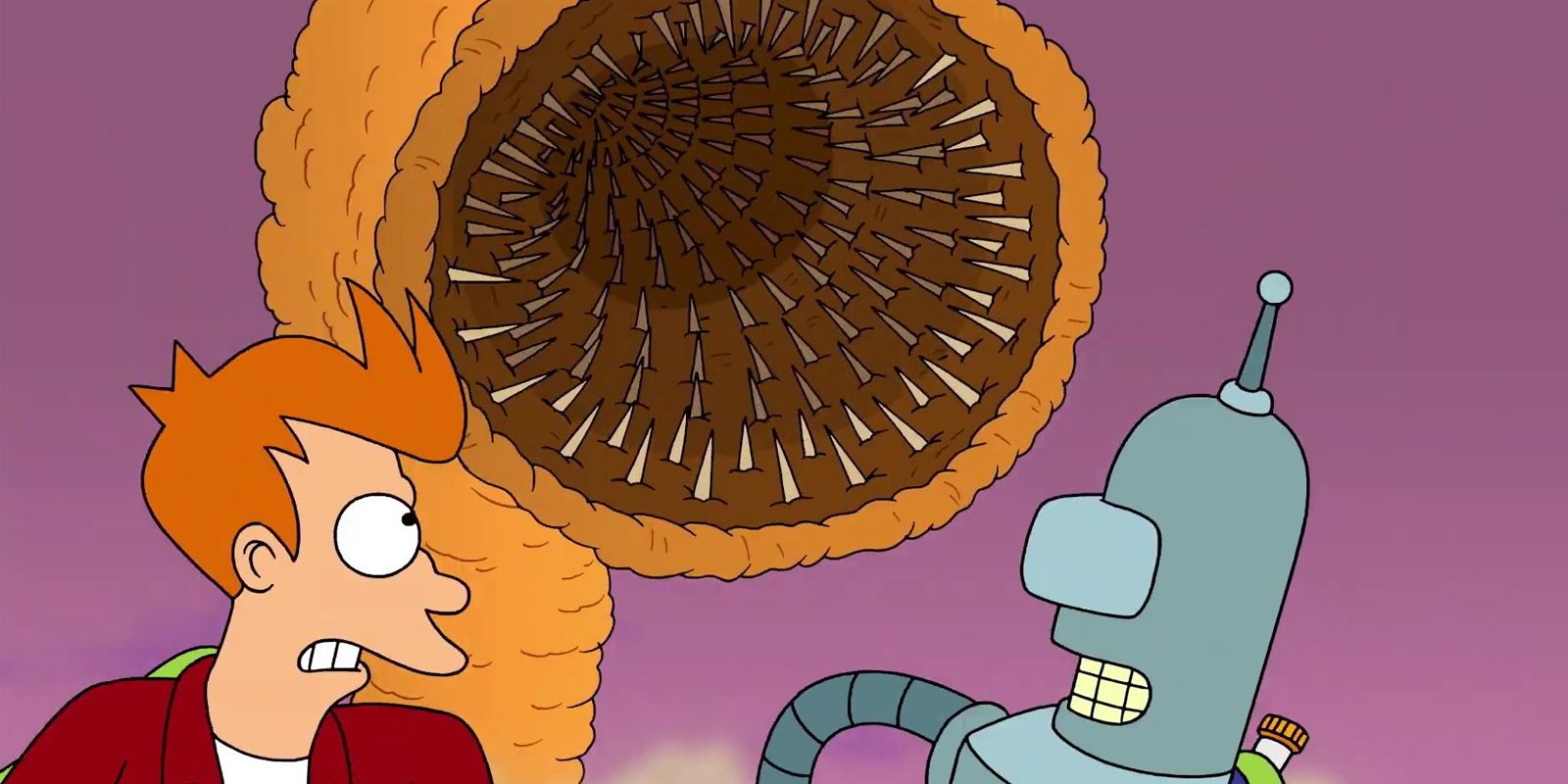 Fry and Bender running from a sandworm in Futurama