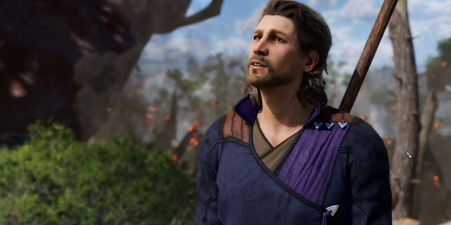 Gale, a human Wizard wearing purple robes, stands in a forest clearing and looks up at the sky, peaceful.