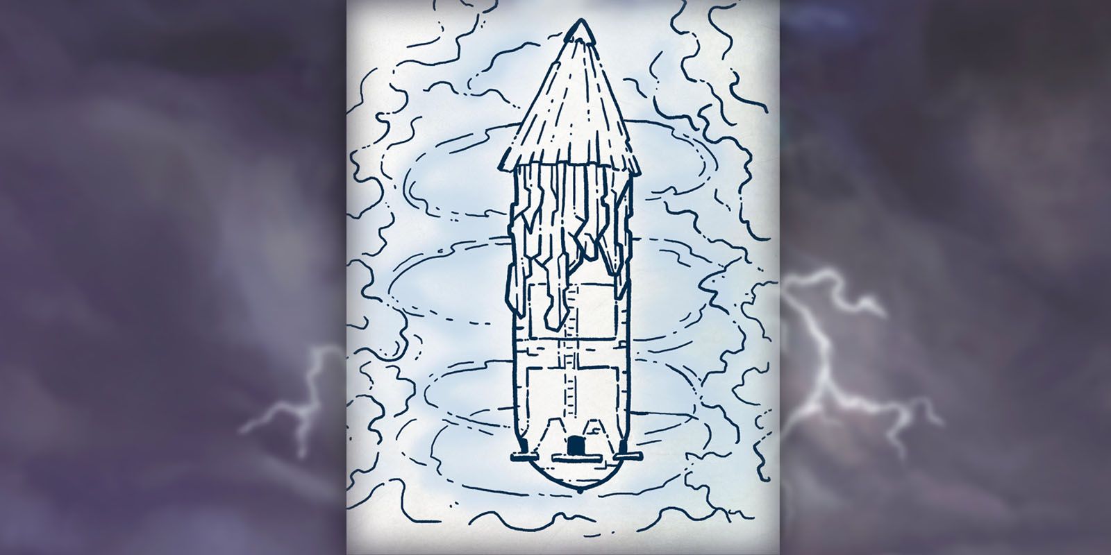 A diagram of a floating tower at the center of a storm in D&D.