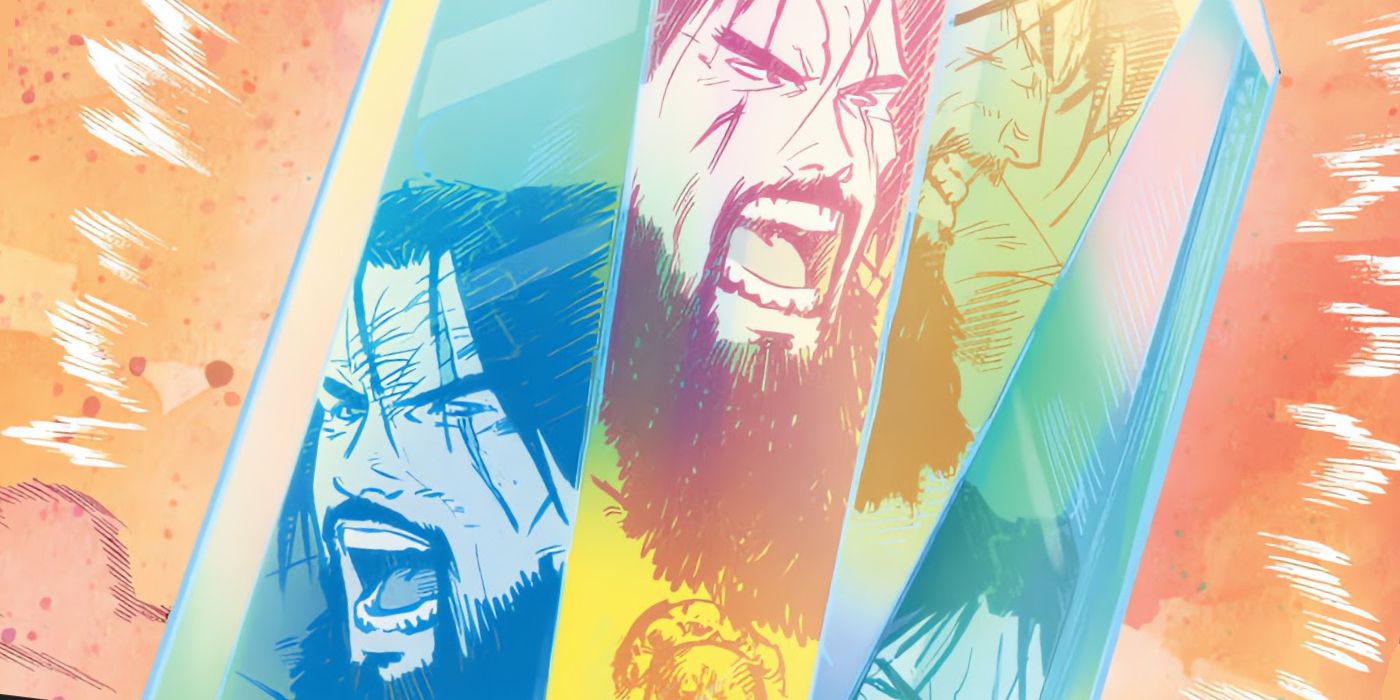 The refracted faces General Strange, trapped in crystal and screaming in rage.