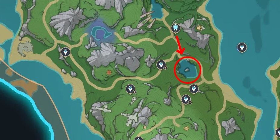 Genshin Impact's Boiling Water Lake location highlighted on the game's map.