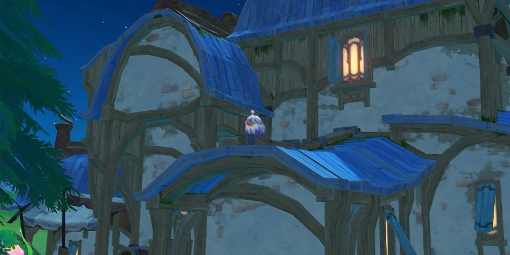 A bird from Genshin Impact’s bird hunt puzzle in Fontaine, resting on a rooftop.