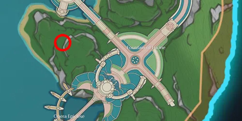 An image of the Genshin Impact map featuring the location of a hidden treasure near the Fountain of Lucine.