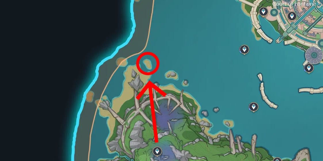 Ninianne of the Lake’s location highlighted on the Genshin Impact map.