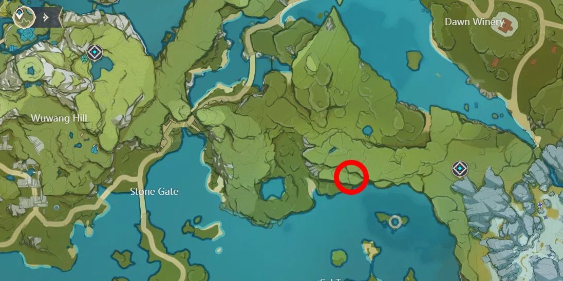Genshin Impact’s map, highlighting the cave with treasure near Stone Gate in Liyue.