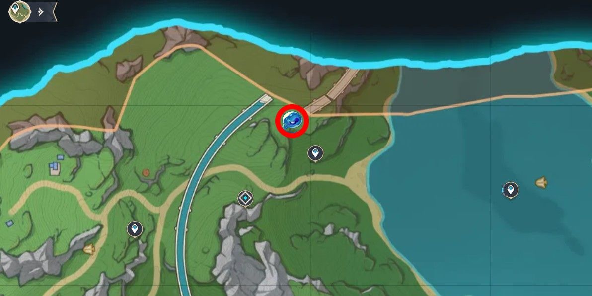 Vivianne of the Lake’s location highlighted on the Genshin Impact map.
