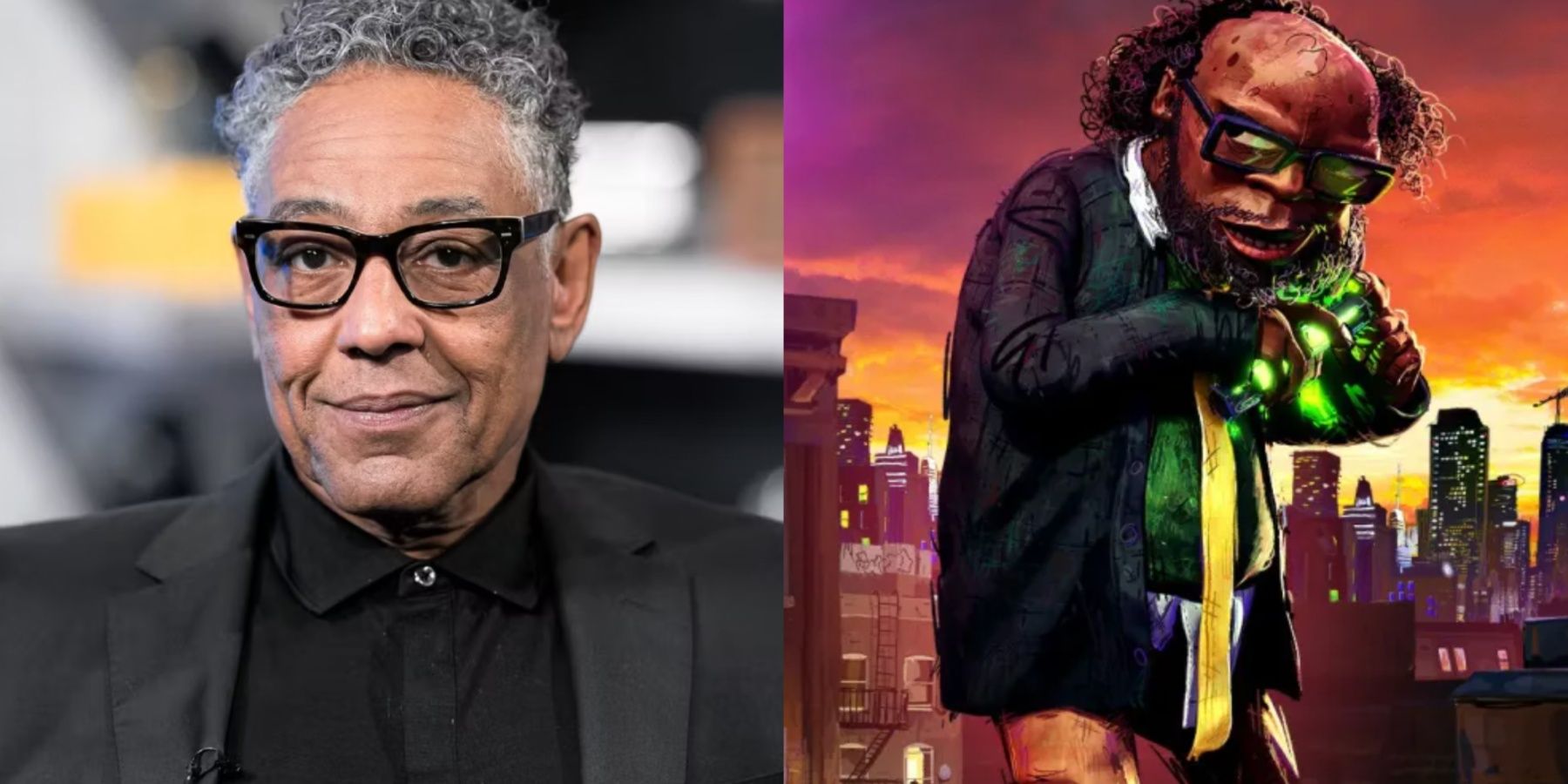 A side-by-side image features actor Giancarlo Esposito and Baxter Stockman in Teenage Mutant Ninja Turtles: Mutant Mayhem