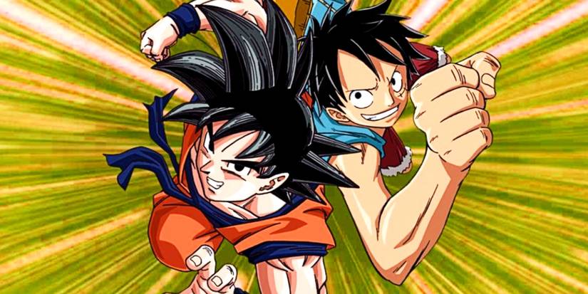 Goku and Luffy jumping towards the screen together