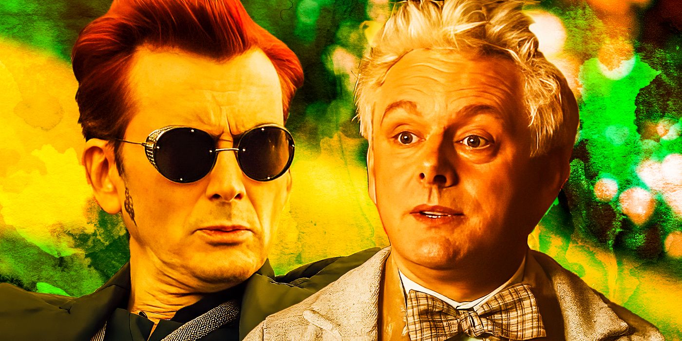 David Tennant and Michael Sheen as Crowley and Aziraphale in Good Omens with green and yellow background.