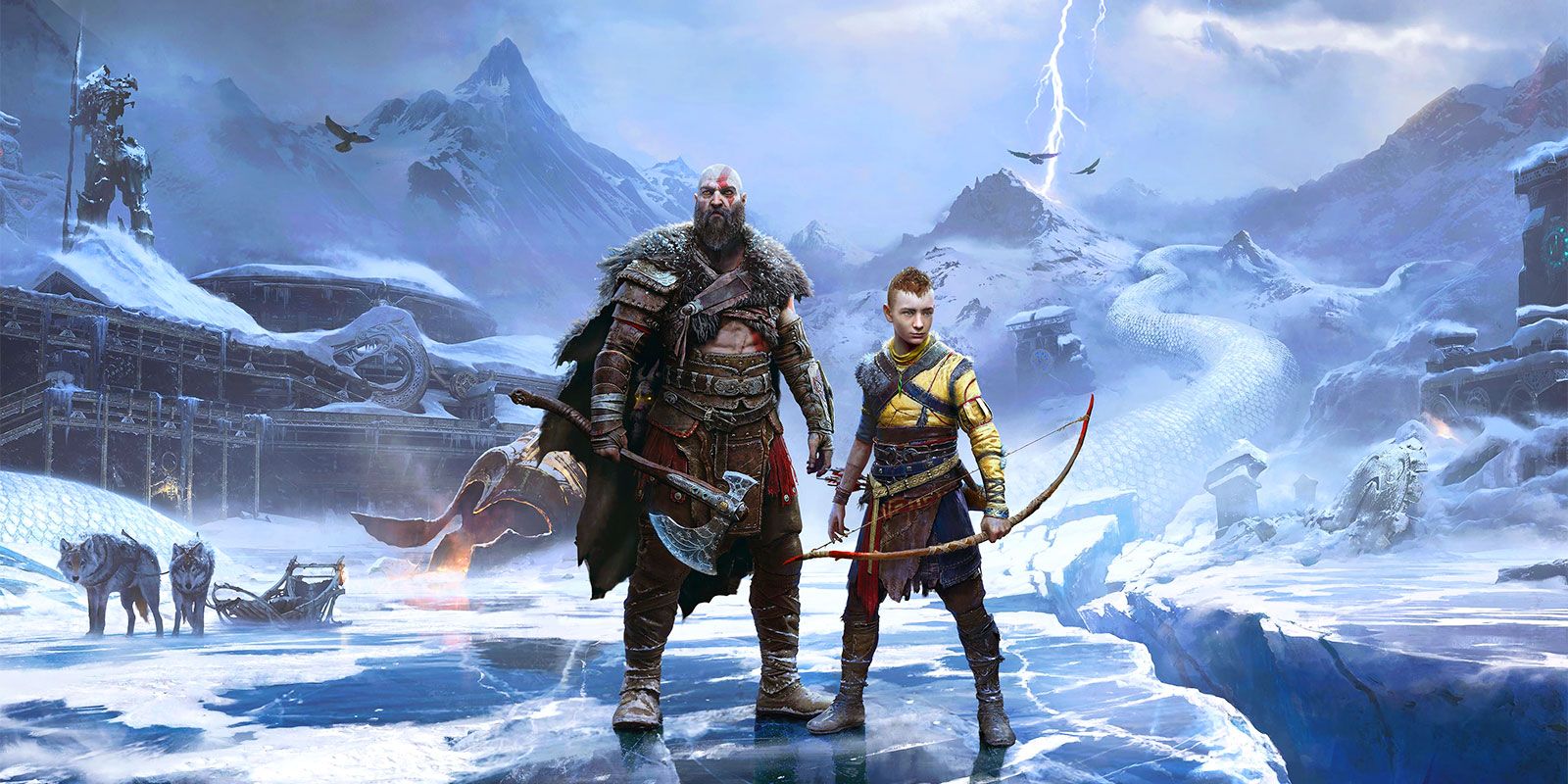 Kratos standing with Atreus in the tundra. 
