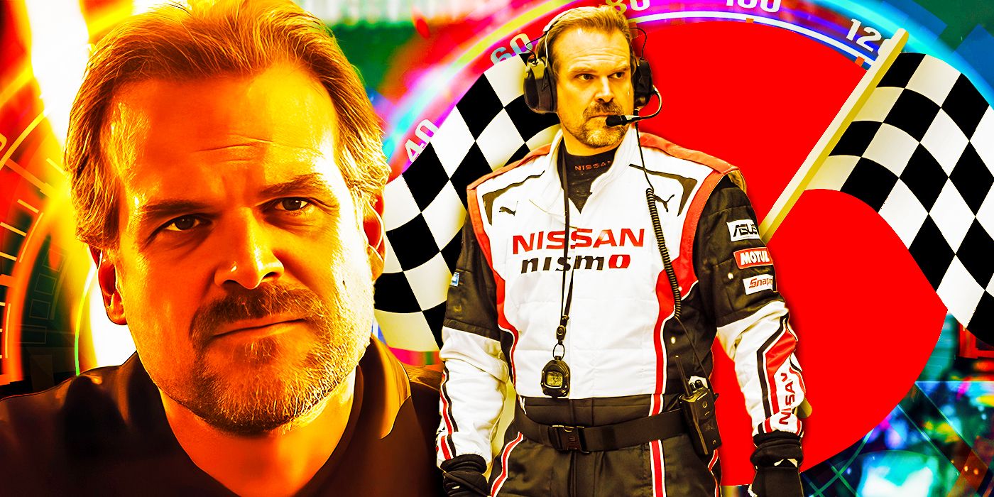 Blended image of David Harbour and his character Jack Salter in Gran Turismo