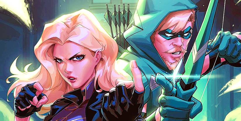 Comic book art: Green Arrow and Black Canary prepare to fight together.