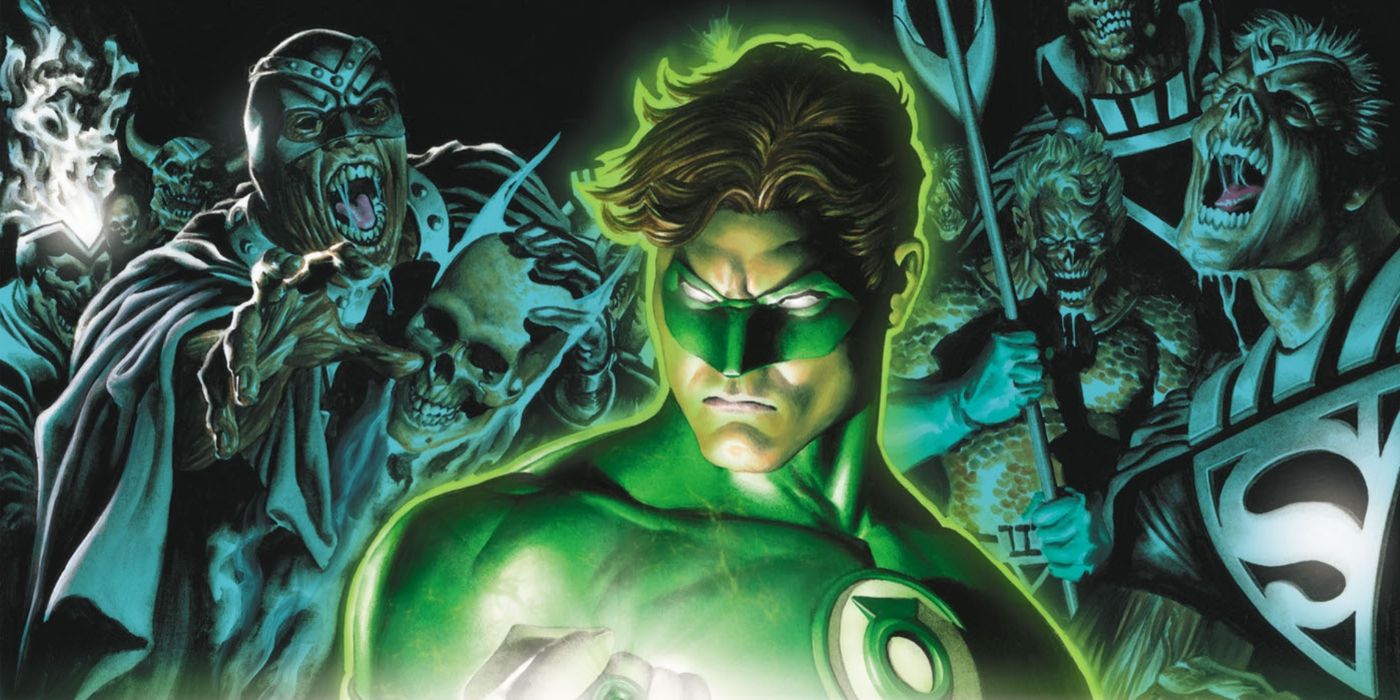 Green Lanterrn (foreground) as the zombie Black Lantern villains from Blackest Night lunge at him in the background.
