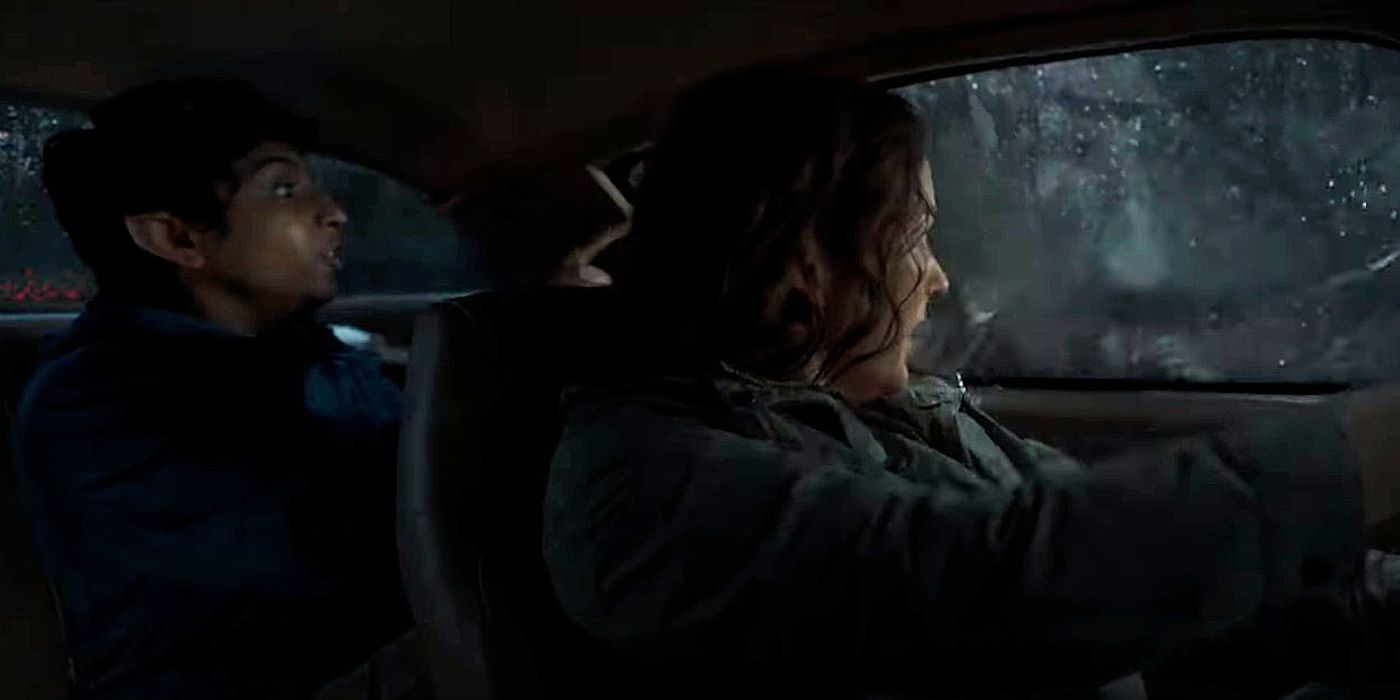 Grover and Sally Jackson in a car as seen in the trailer for Percy Jackson and the Olympians 