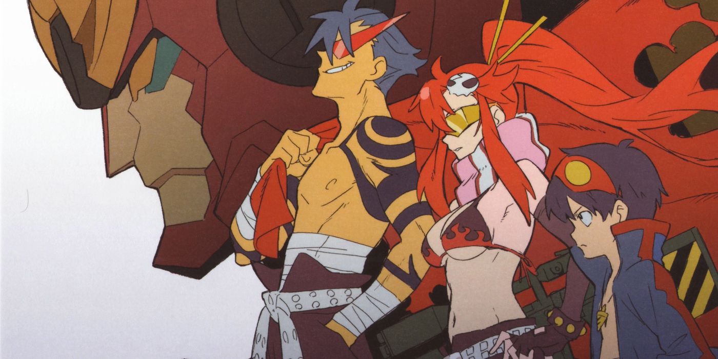 Gurren Lagann official art featuring the three main characters standing together in front of white background