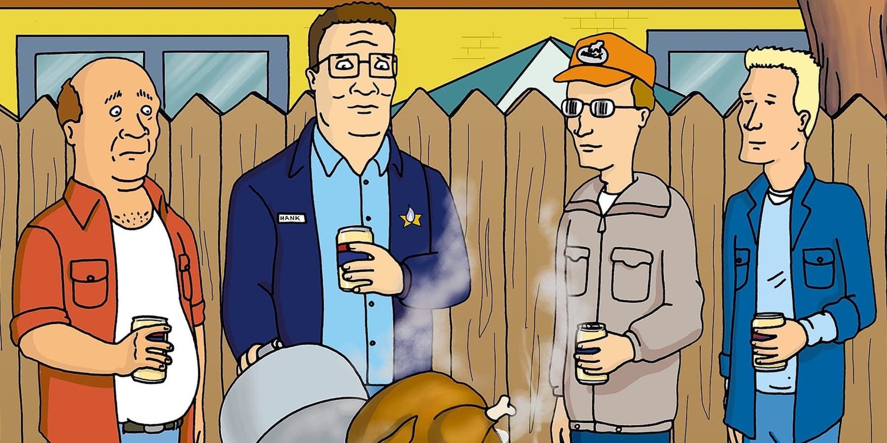 Hank and His Friends Cooking a Turkey in King of the Hill Where They Drink Beer
