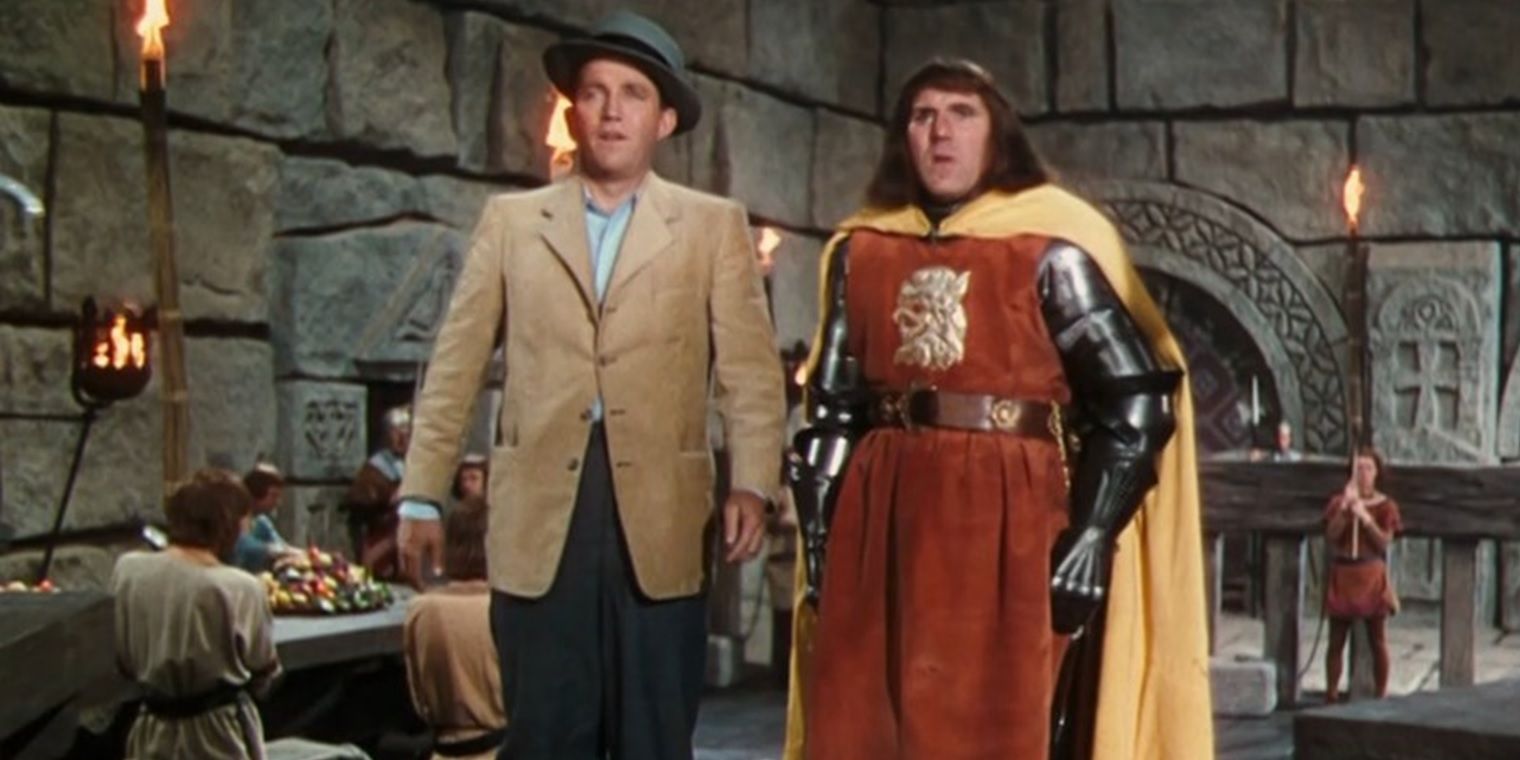 Hank with a knight in a castle in A Connecticut Yankee in King Arthur&rsquo;s Court
