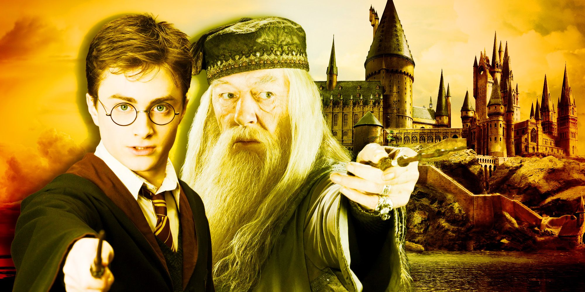 Collage of Harry Potter, Dumbledore, and Hogwarts