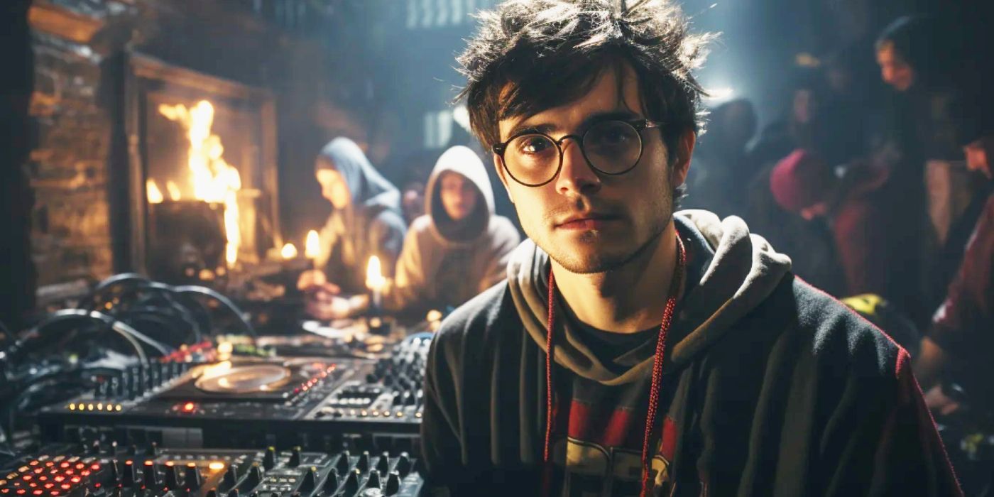 AI Harry Potter art of Harry in front of a DJ turntable.