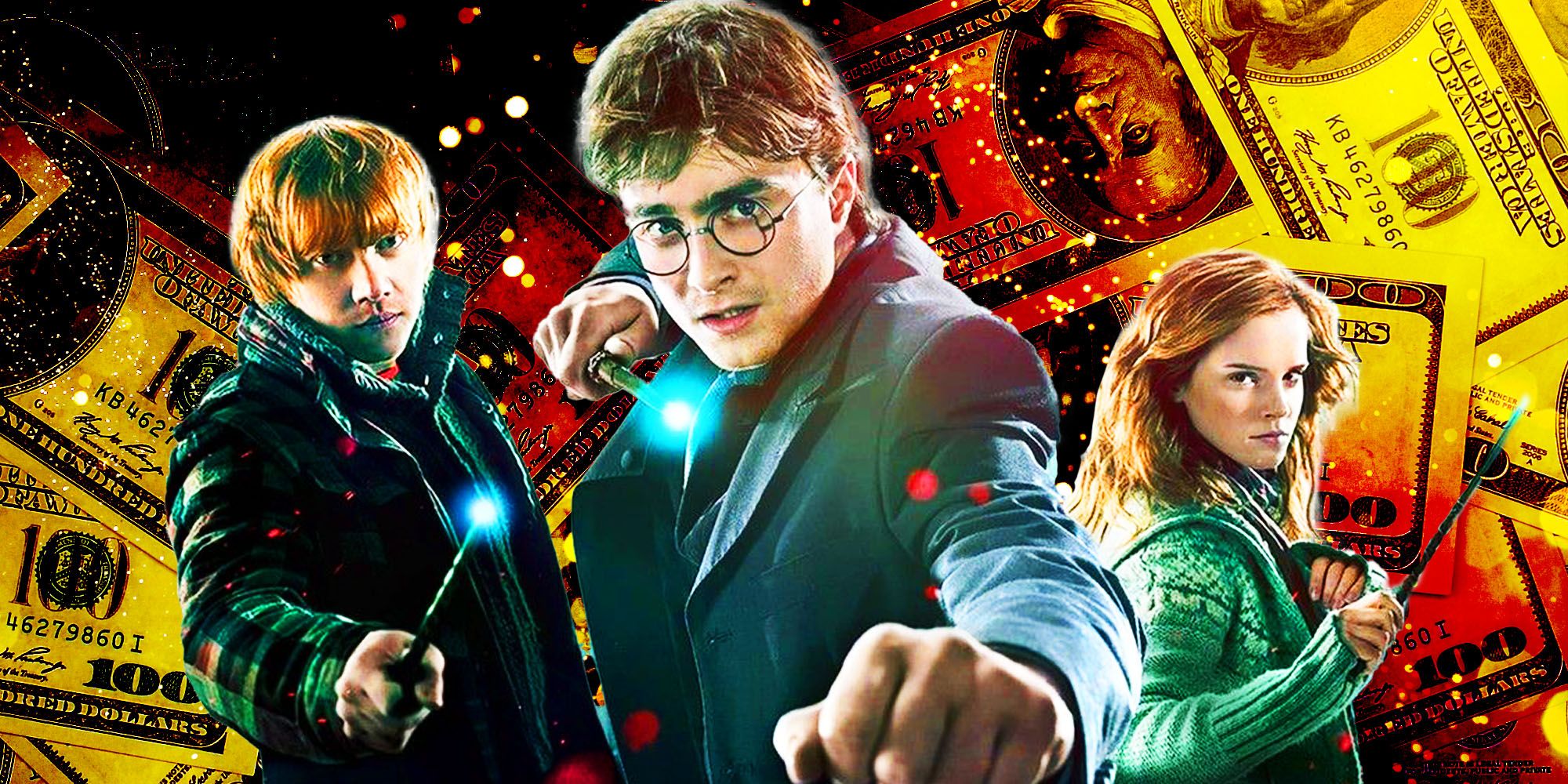 A collage of the Golden Trio from Harry Potter surrounded by money