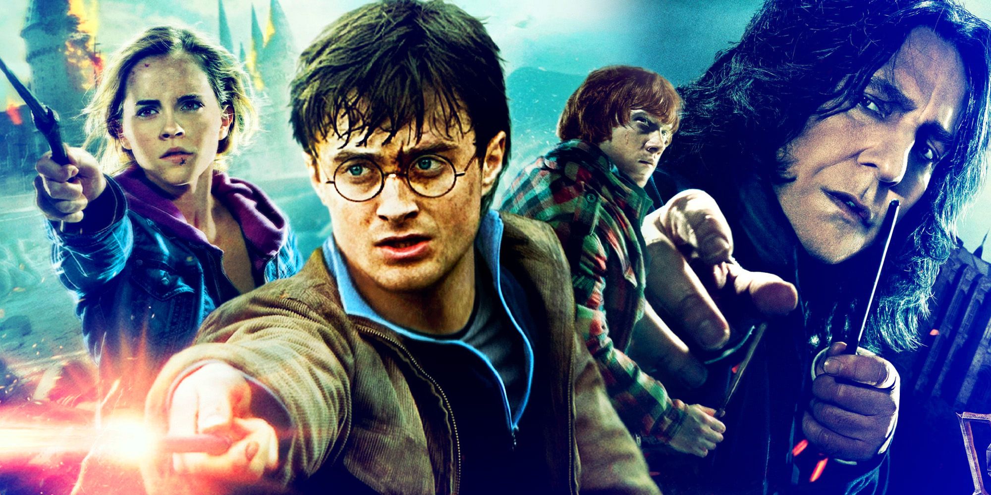 A blended image features Hermione, Harry, Ron, and Snape in the Harry Potter movie franchise