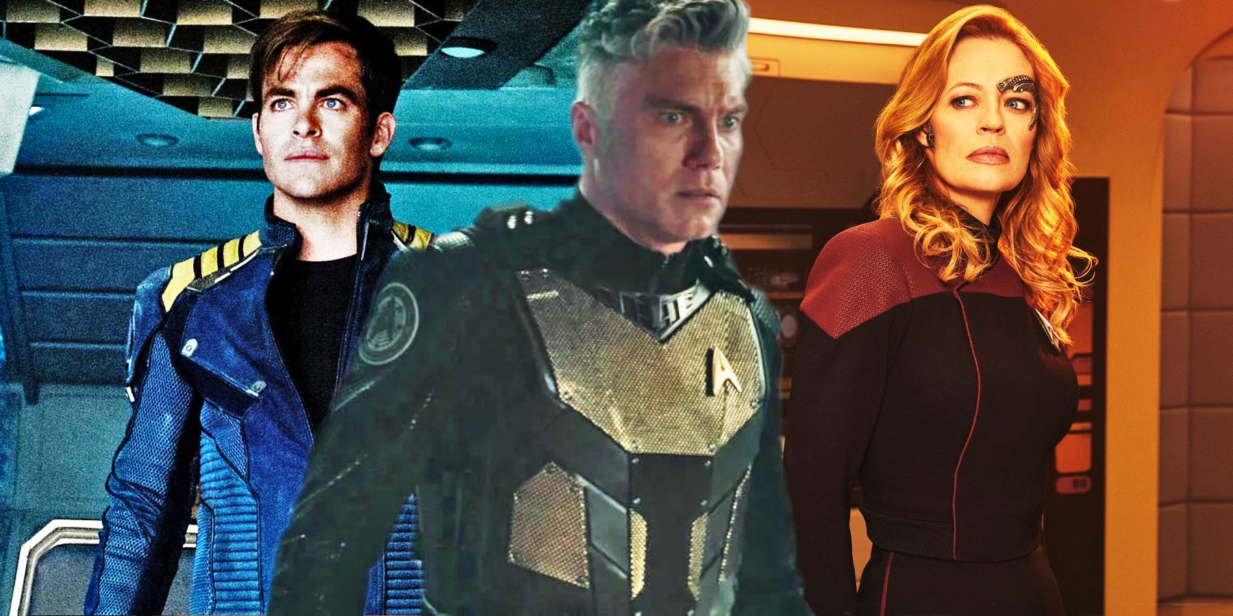 Chris Pine as Kirk, Anson Mount as Pike and Jeri Ryan as Seven of Nine, all looking concerned