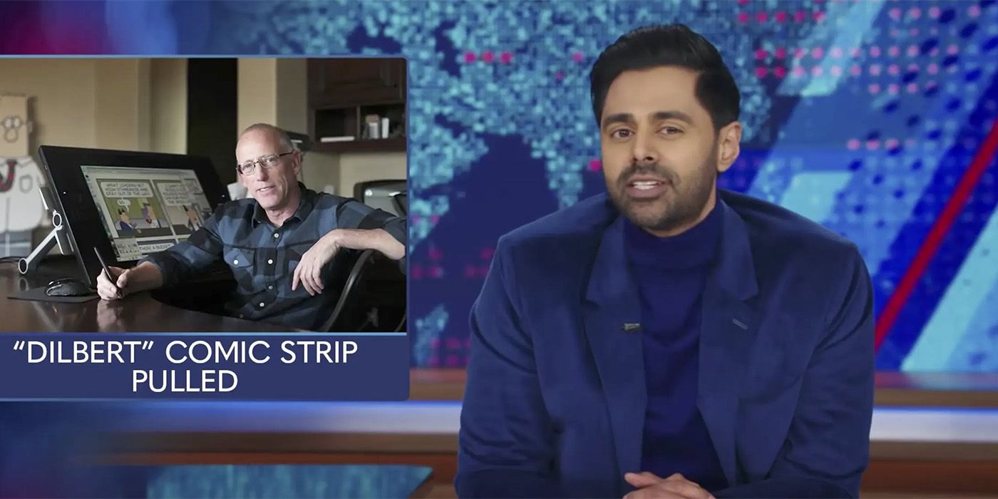 Hasan Minhaj as a guest host on The Daily Show discussing Dilbert