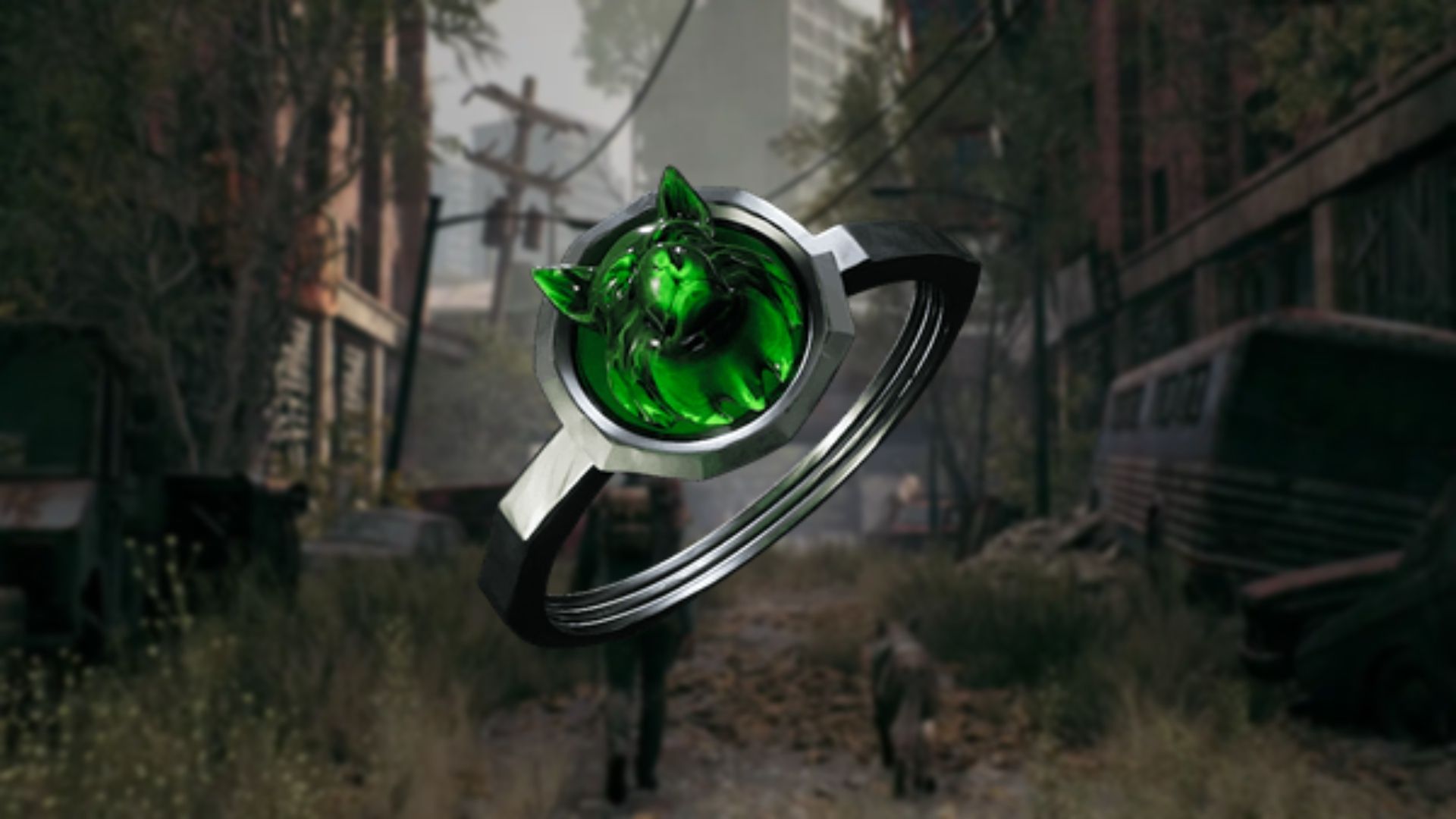 A render of Heart of the Wolf, a silver ring with a green wolf&rsquo;s head gemstone in the center, against a scene of a Handler and their dog wandering through the ruined world.