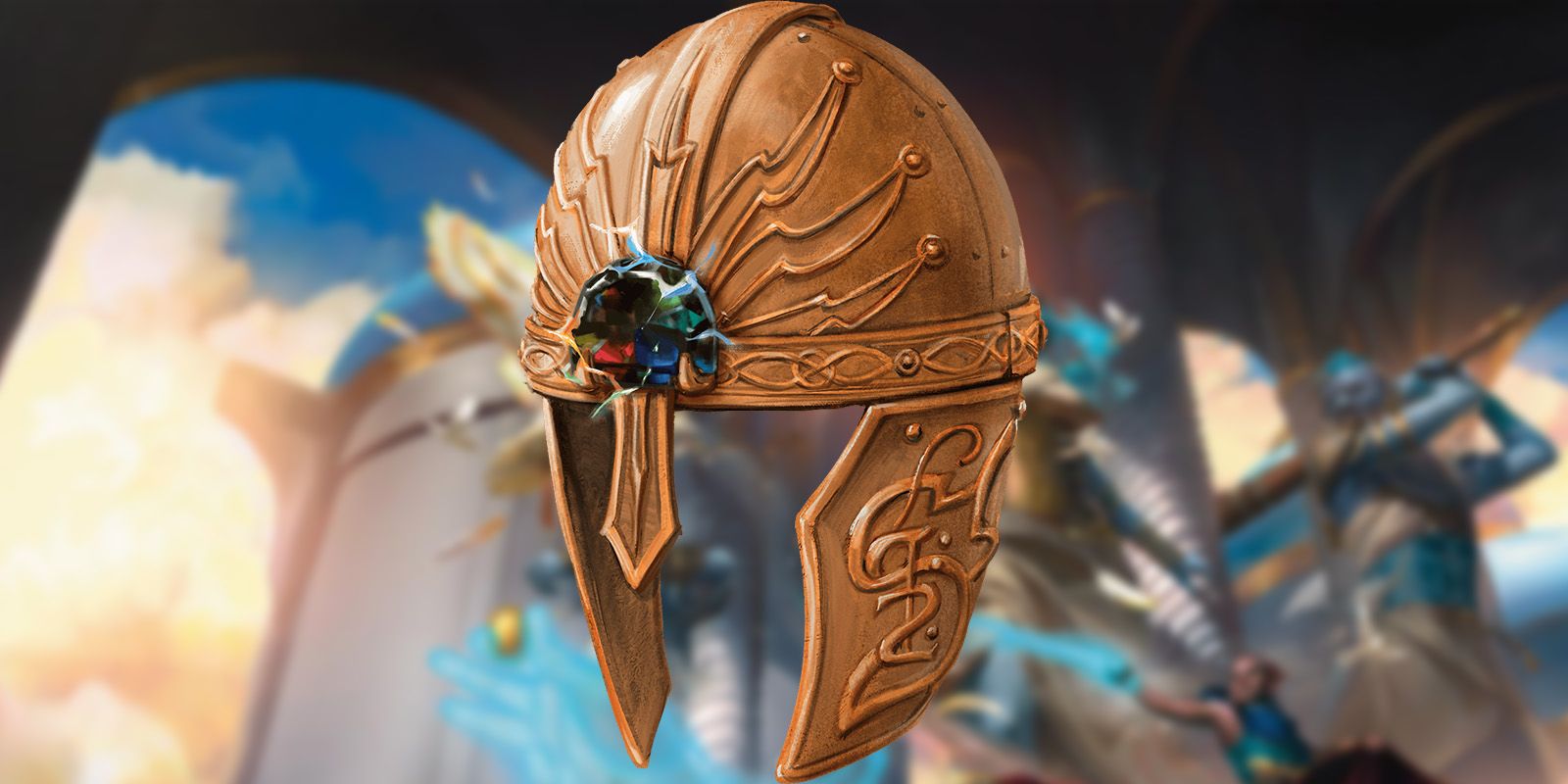Copper helm with an irregular gem set above the brow on a blurred background of the Glory of the Giants cover art.