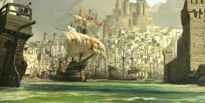 A ship with a red cross on its sails in the Waterdeep harbor.