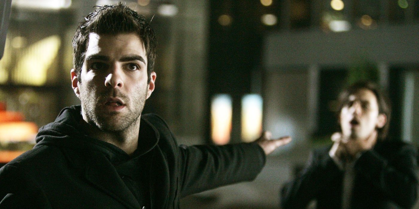 Zachary Quinto as Sylar choking Milo Ventimiglia as Peter in Heroes Season 1.