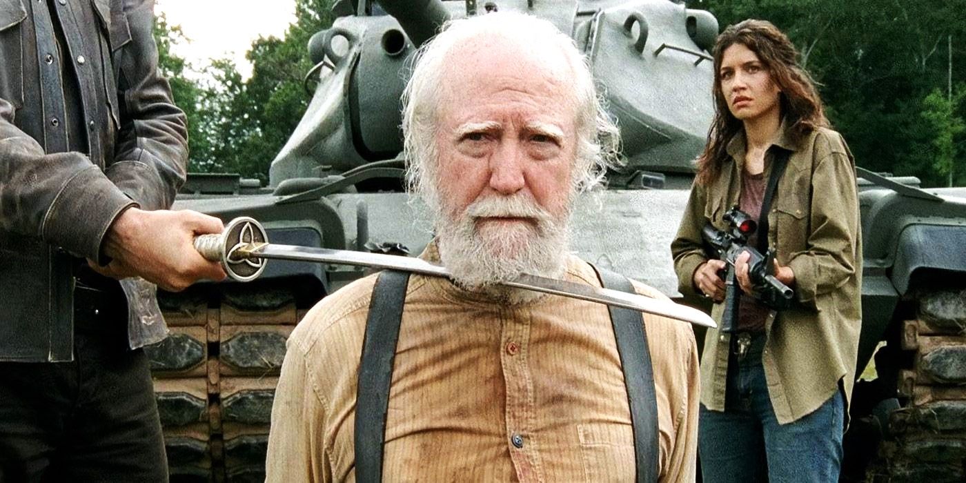 Hershel Greene With a sword at his neck in The Walking Dead Season 4 Episode 8