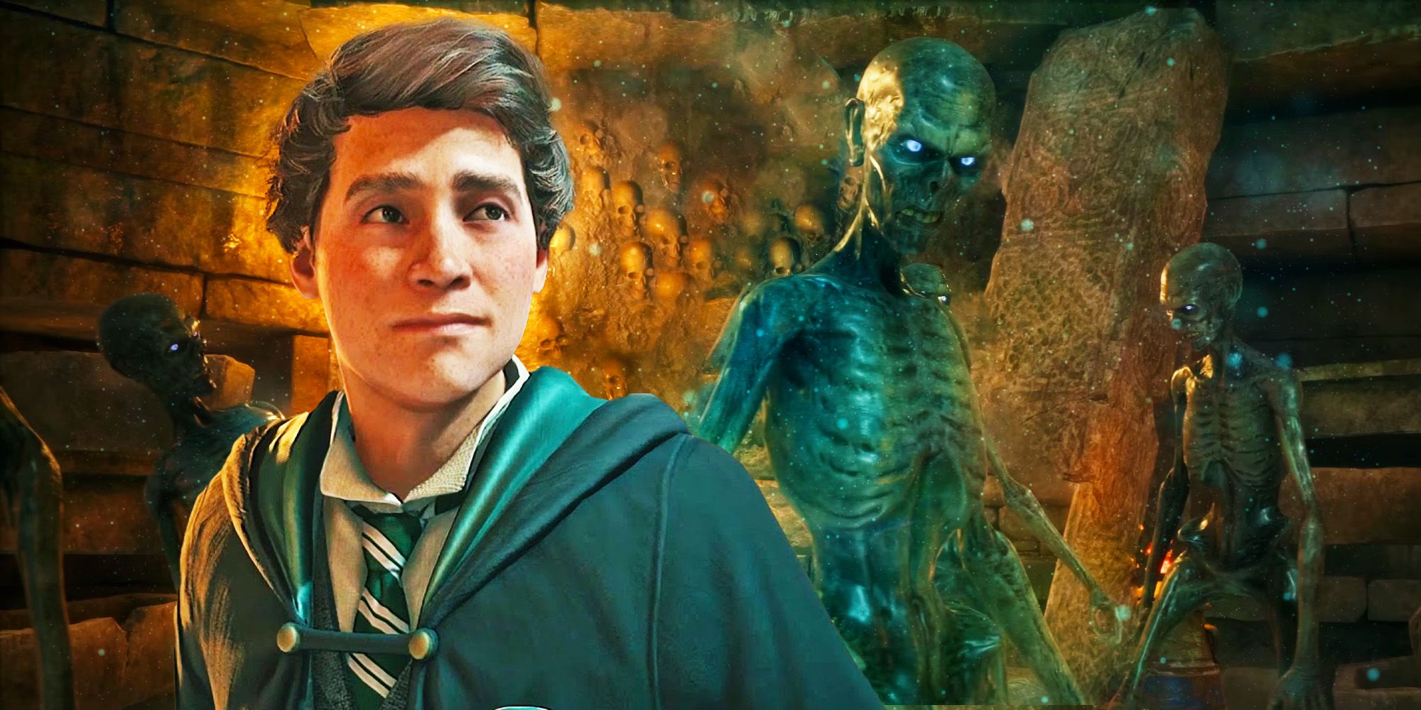 Sebastian Sallow from Hogwarts Legacy wears his green Slytherin robes. Behind him is a group of Inferi, which look like reanimated skeletons with glowing blue eyes, standing in what appears to be a crypt.
