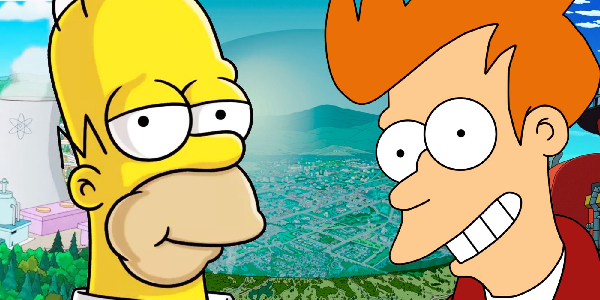 Homer Simpson and Fry in front of the Springfield dome