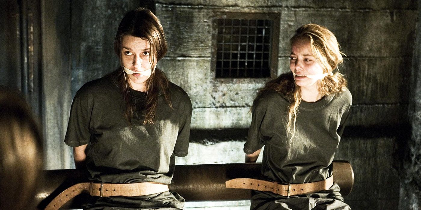 Beth Salinger and Whitney Swerling, played by actors Lauren German and Bijou Phillips, after being kidnapped by the Elite Hunting Club in Hostel: Part II