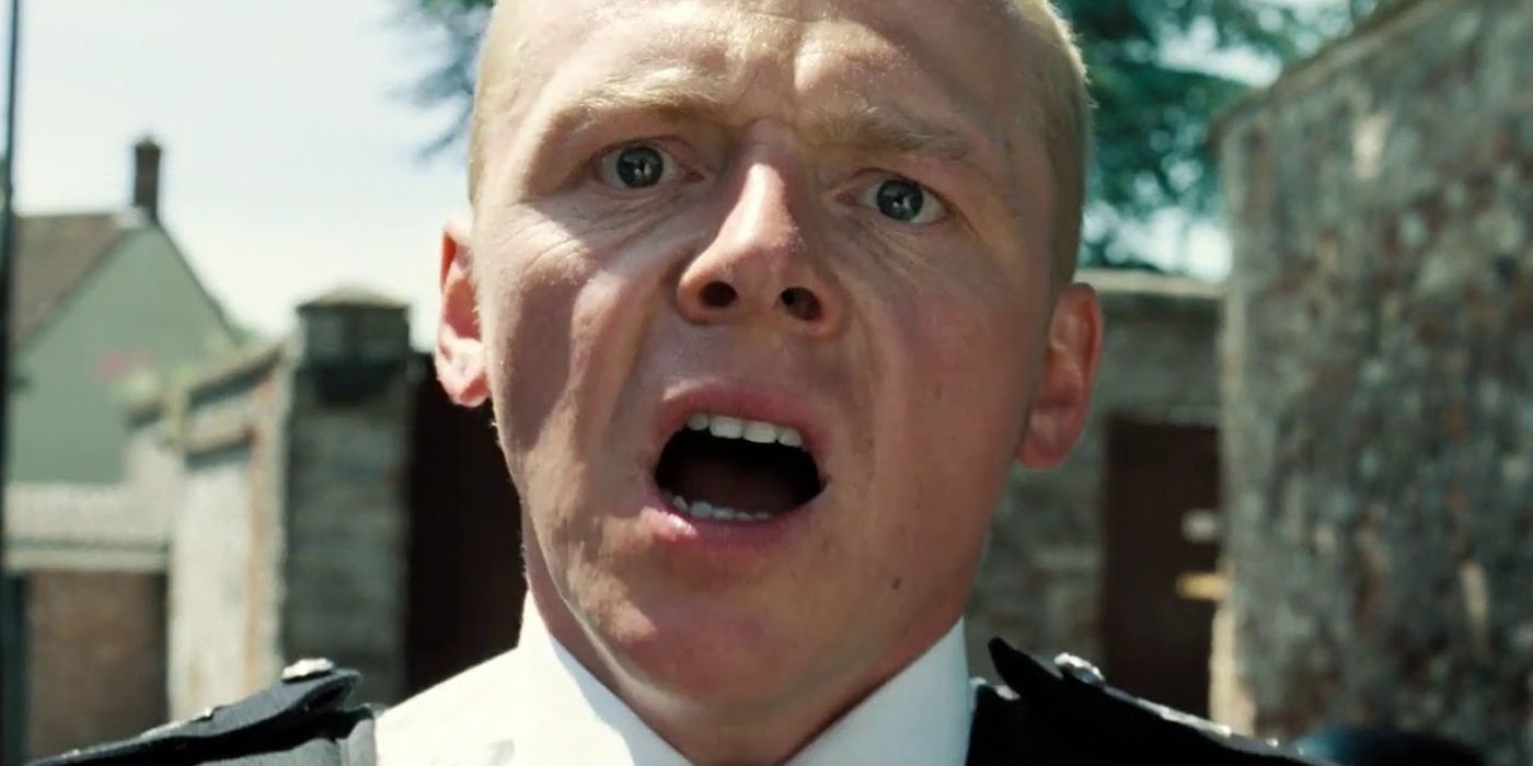 Nicolas Angel looking shocked in the Hot Fuzz &ldquo;You Mothers&rdquo; scene