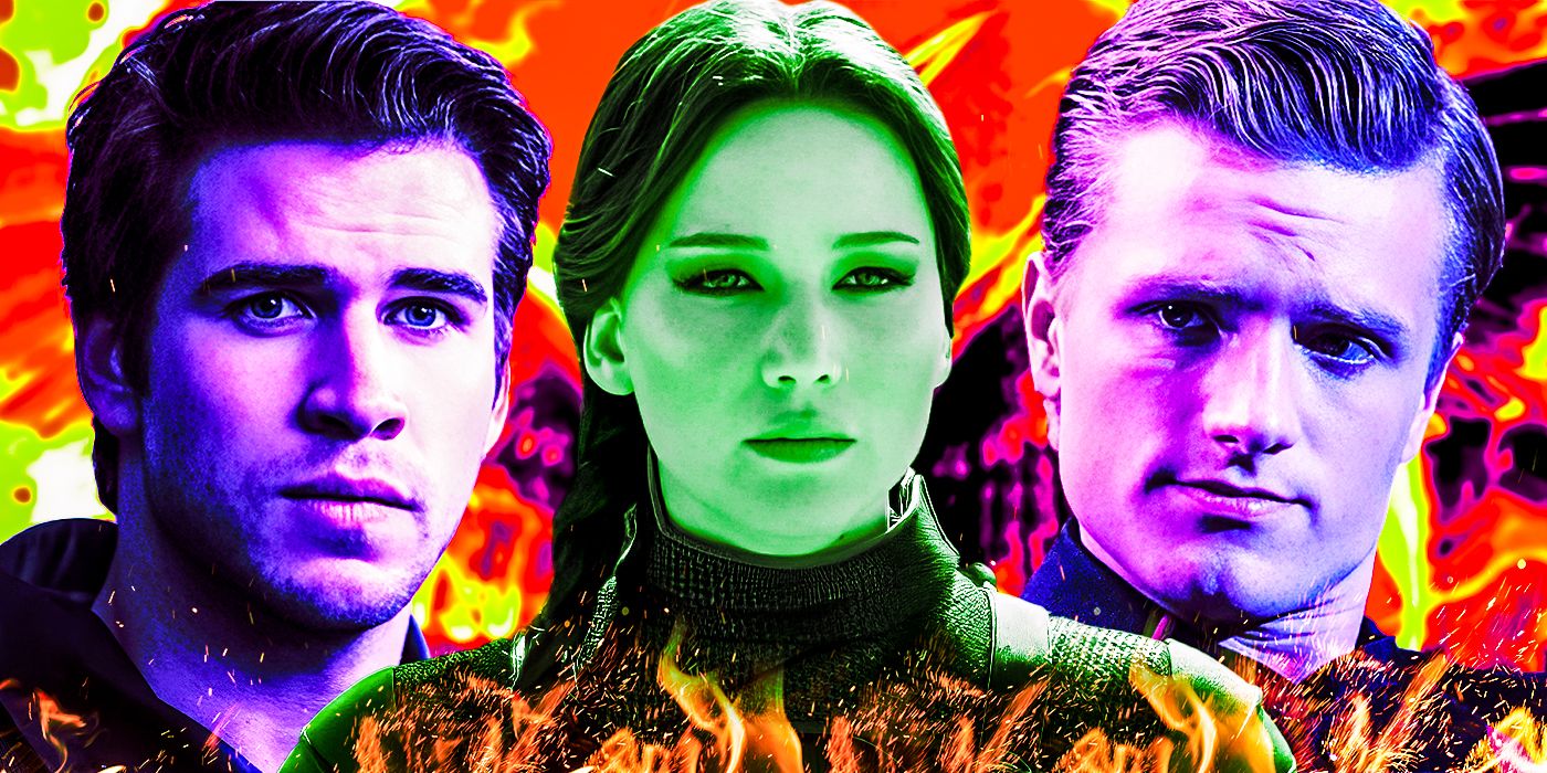Liam Hemsworth as Gale Hawthorne, Jennifer Lawrence as Katniss Everdeen, and Josh Hutcherson as Peeta Mellark.