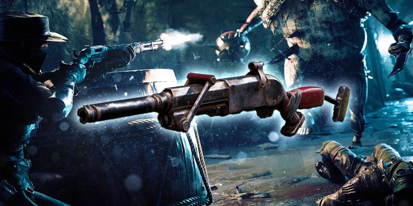 The Ford’s Scattergun in the foreground a character fighting a boss In Remnant 2