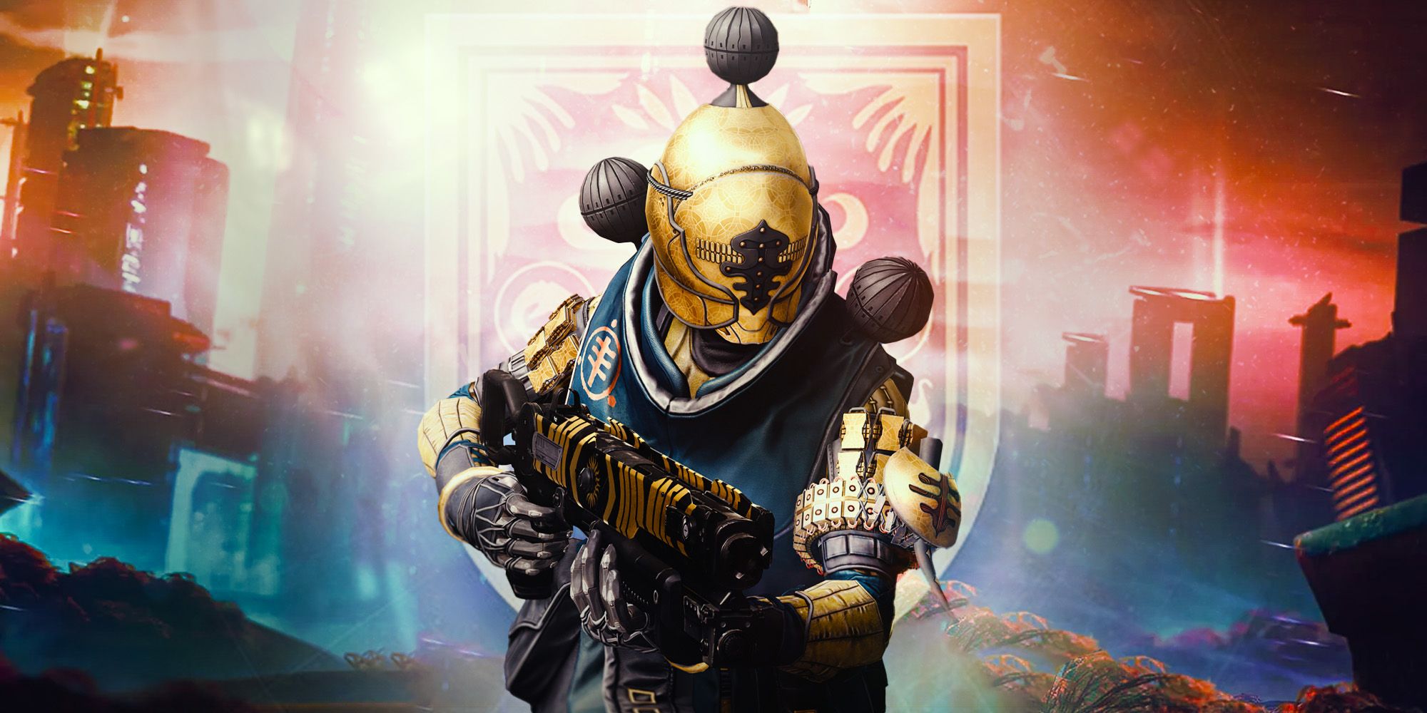 A Destiny 2 Warlock running with a weapon in hands while the sigil for th Aquanaut title lingers in the colorful background.