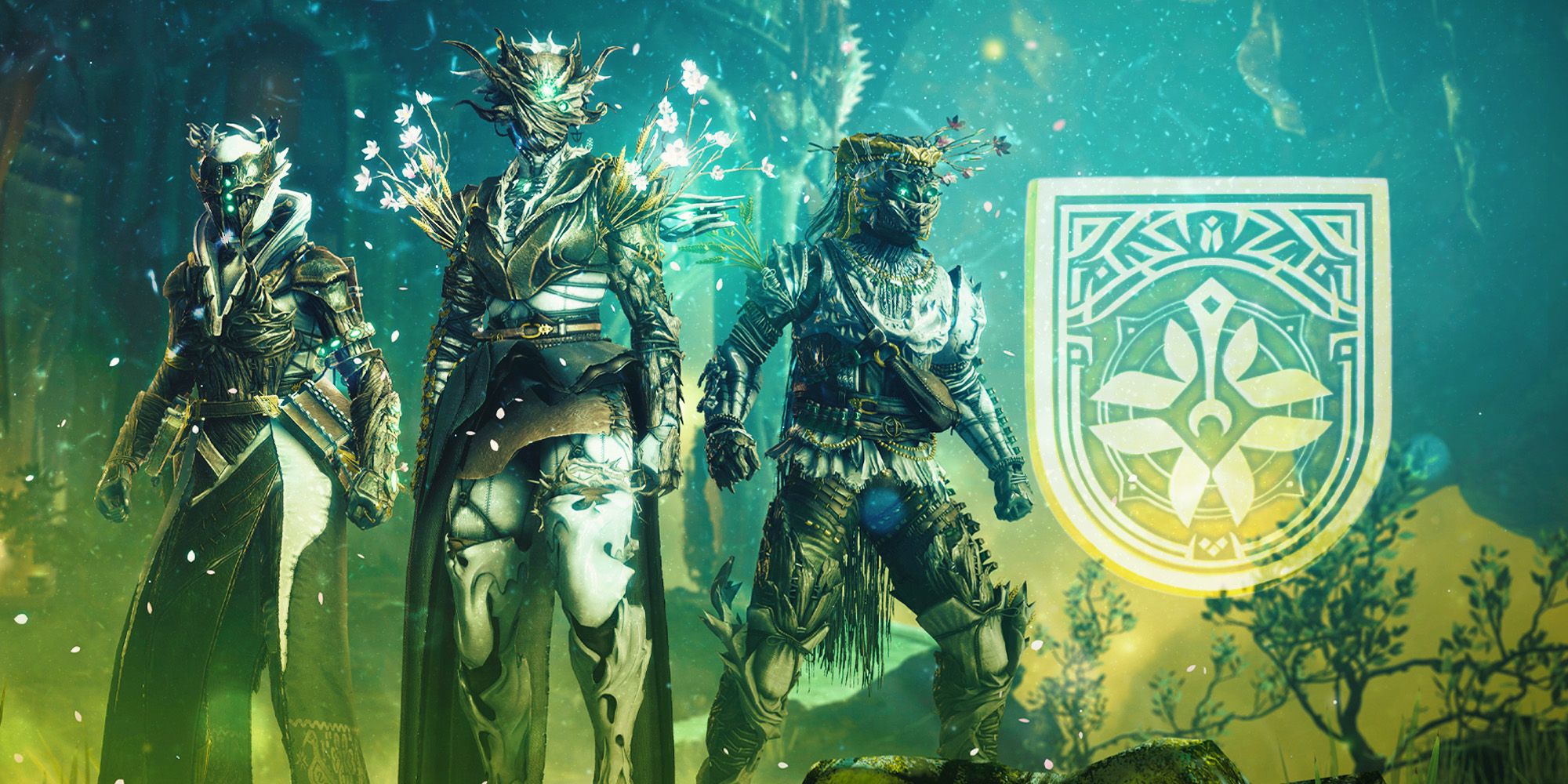 A fireteam of three Destiny 2 Guardians on the left, with the logo for the Haruspex title on the right.